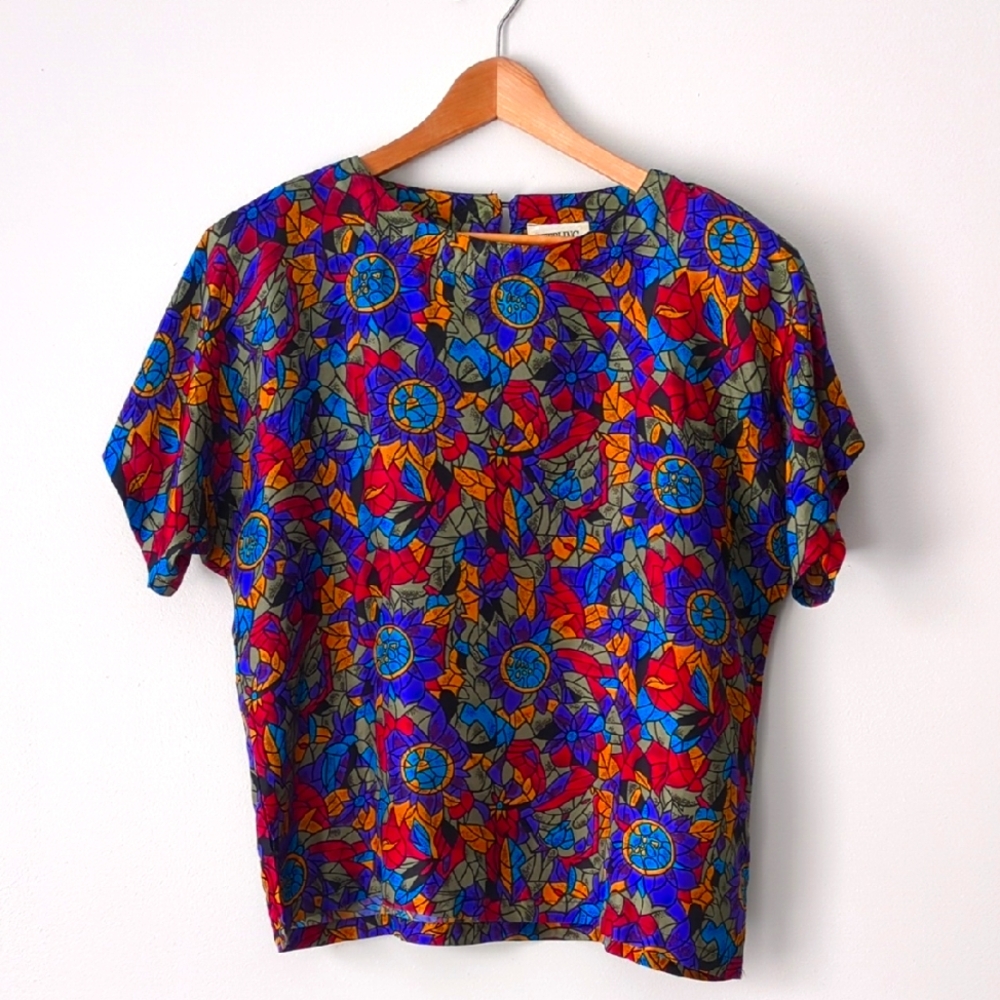 Vintage 100% Silk Sterling Harris Jewel Tone Mosaic Floral Blouse L